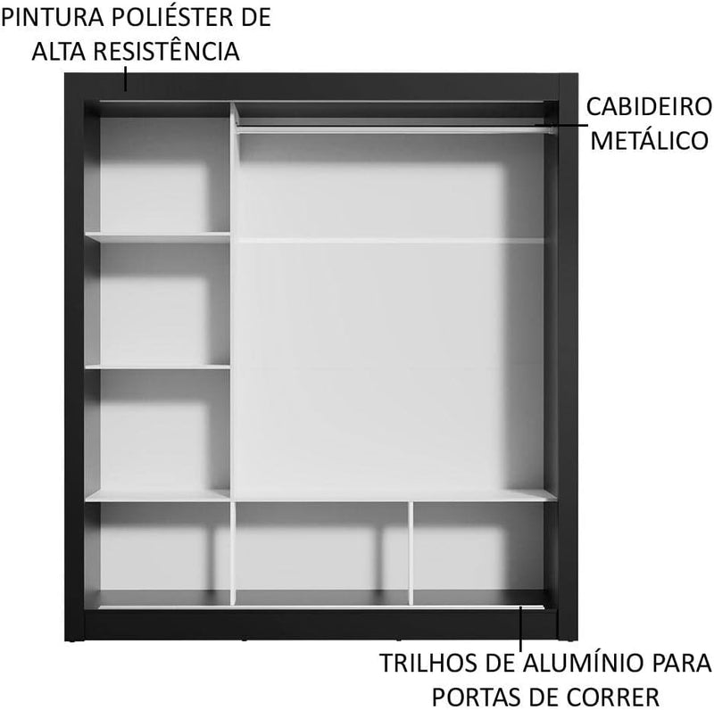 Guarda Roupa Casal Madesa Mônaco 3 Portas de Correr com Espelho - Preto