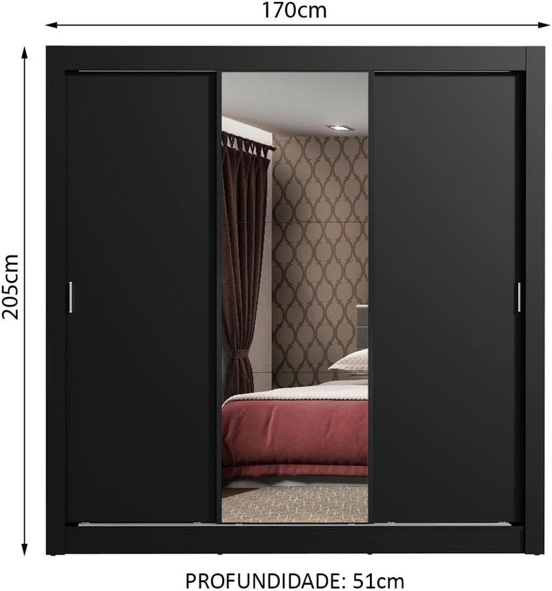Guarda Roupa Casal Madesa Mônaco 3 Portas de Correr com Espelho - Preto