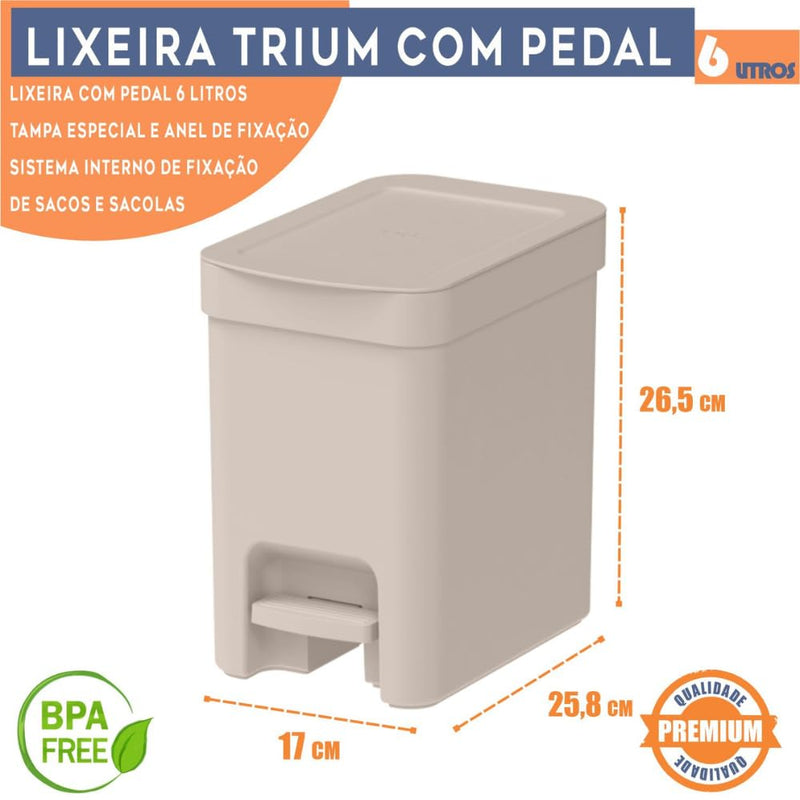 Lixeira para banheiro lavabo escritório pia area externa OU Trium 06 litros bege - Lixeira de banheiro com esconde saco lixeira quadrada Lixeira com pedal Lixeira bege "