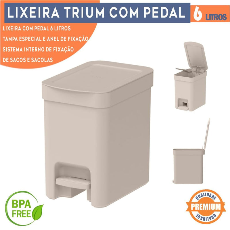 Lixeira para banheiro lavabo escritório pia area externa OU Trium 06 litros bege - Lixeira de banheiro com esconde saco lixeira quadrada Lixeira com pedal Lixeira bege "