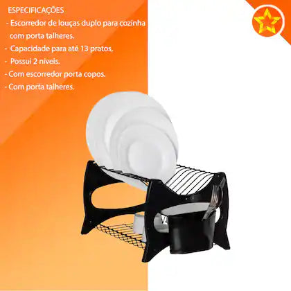 Escorredor De Louca Cozinha 13 Pratos Copo Duplo 2 Andares Porta Talheres