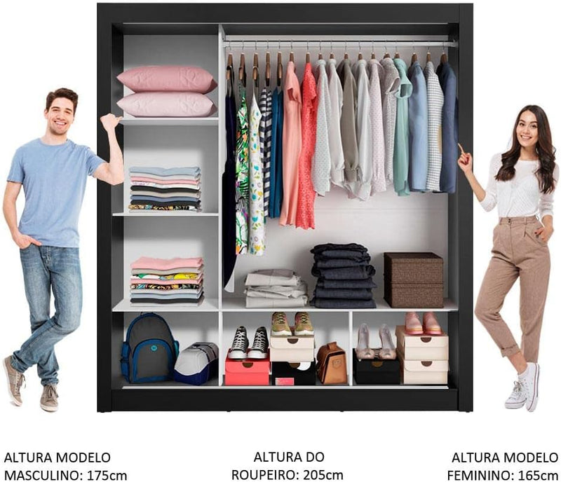 Guarda Roupa Casal Madesa Mônaco 3 Portas de Correr com Espelho - Preto